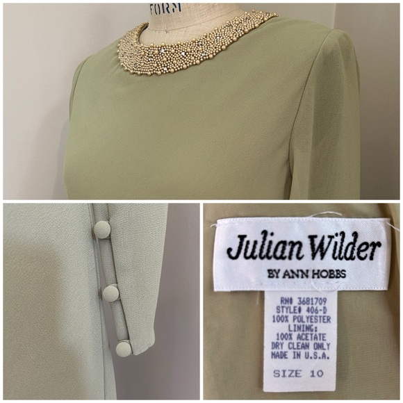 VTG 90s Celadon Beaded Julian Wilder Long Sleeved Dress Tiered Chiffon 20s Sz 10 - Picture 3 of 4